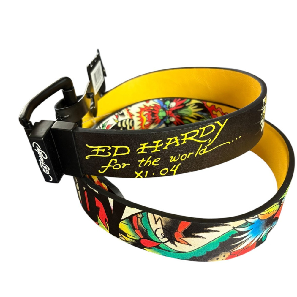 Ed Hardy NEW Reversible Bonded Leather Belt 36 Dragon Heart Skull Tattoos